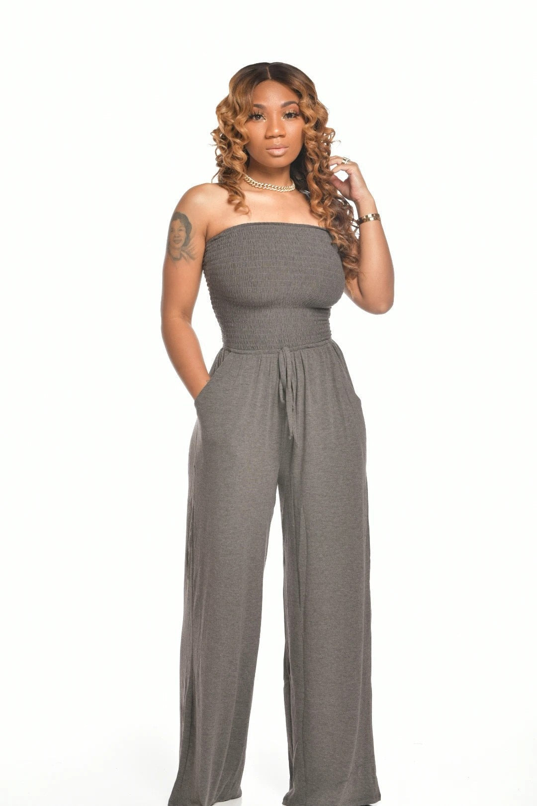 OFF SHOULDER SOLID COLOR SMOCKED JUMPSUIT