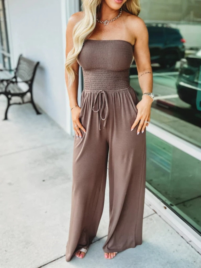 OFF SHOULDER SOLID COLOR SMOCKED JUMPSUIT