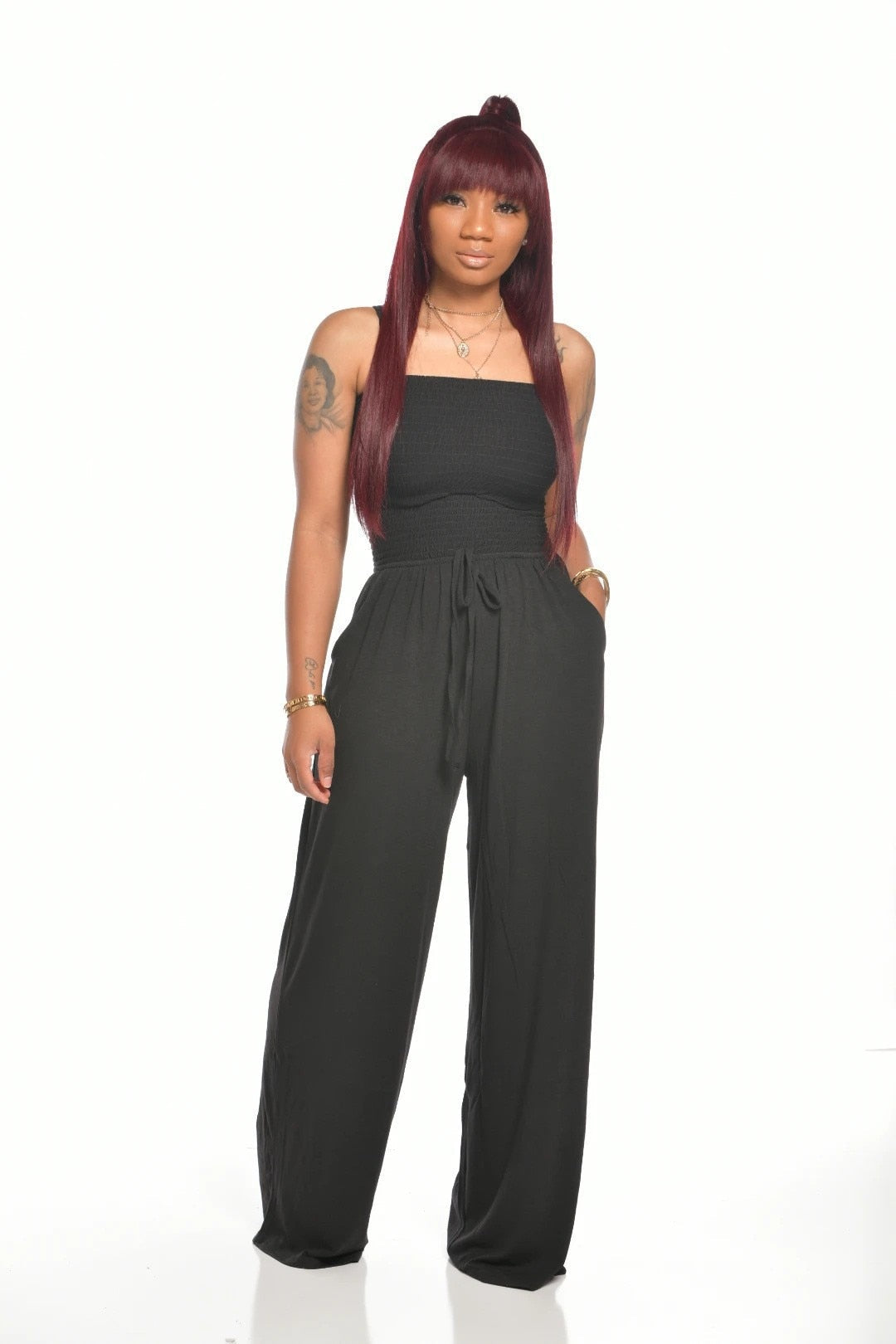 OFF SHOULDER SOLID COLOR SMOCKED JUMPSUIT