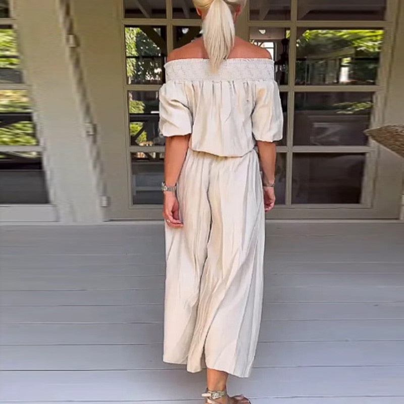 BOHEMIAN OFF-SHOULDER STRAIGHT-LEG JUMPSUIT