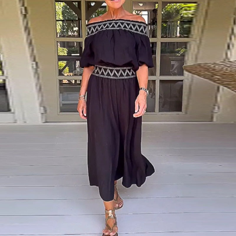 BOHEMIAN OFF-SHOULDER STRAIGHT-LEG JUMPSUIT