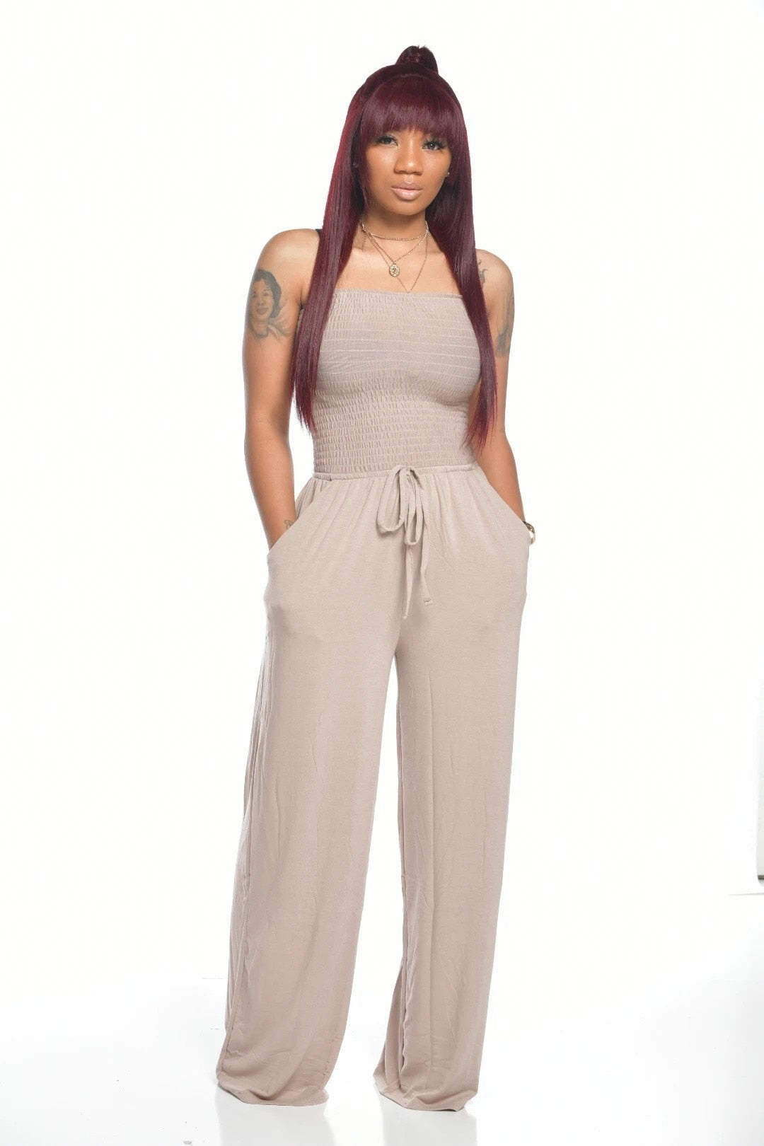 OFF SHOULDER SOLID COLOR SMOCKED JUMPSUIT