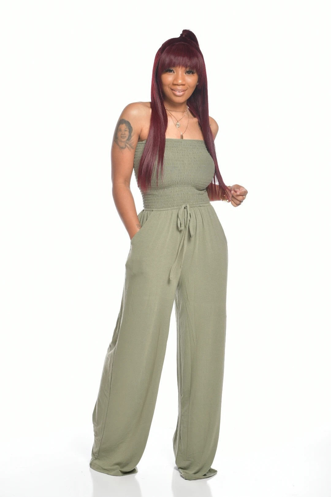 OFF SHOULDER SOLID COLOR SMOCKED JUMPSUIT